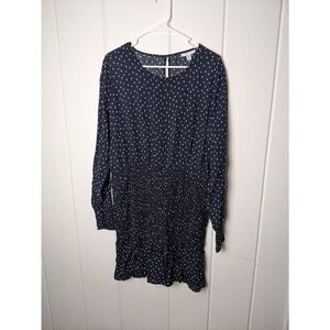 Topshop Women's Long Sleeve Polka Dot Shirred Mini Dress Navy Blue Size 12